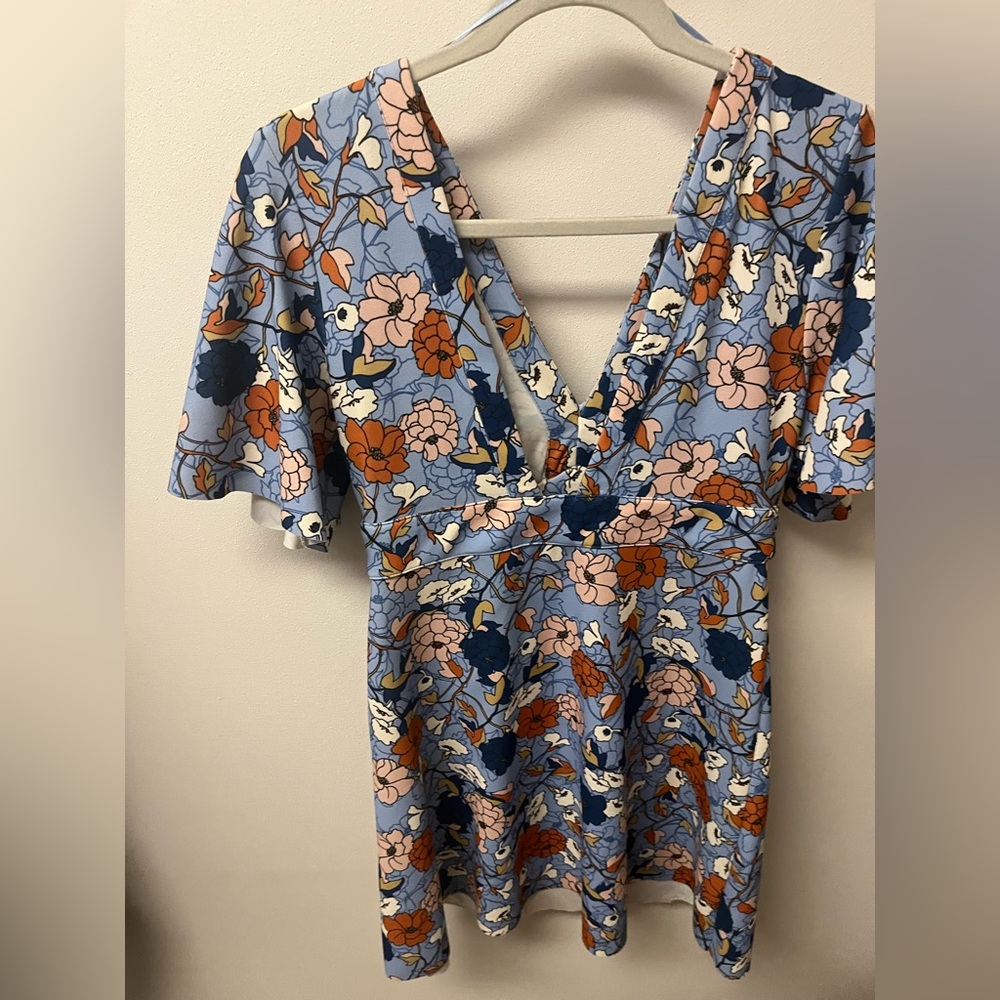 Zara Backless Floral Dress in Blue and Orange